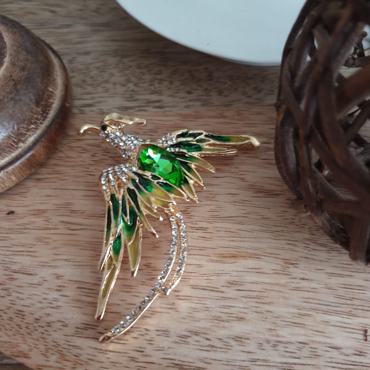 Broche-Phoenix-Groen-Vogel-Sierspeld-Dames Broche-Heren Broche-Broche Boetiek-Zelto -Broche - Luxe - Groen - Vogel- Zilver kleur