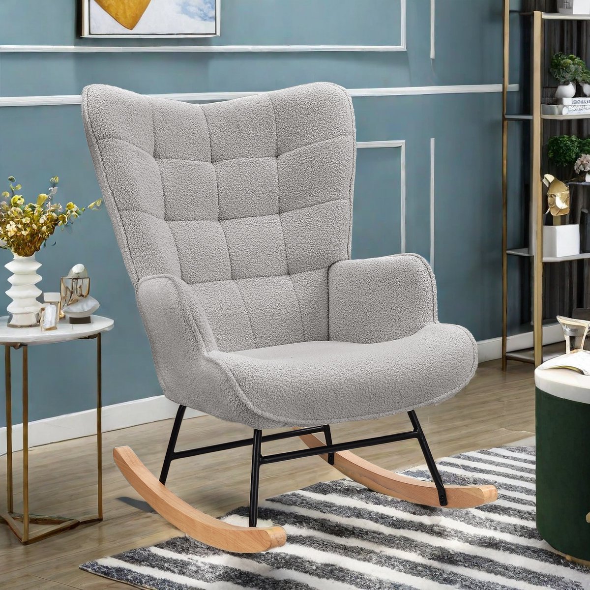 Schommelstoel van zachte pluche stof met armleuningen en rugleuningen, casual gestoffeerde stoel, modern modemeubel voor woonkamer, slaapkamer