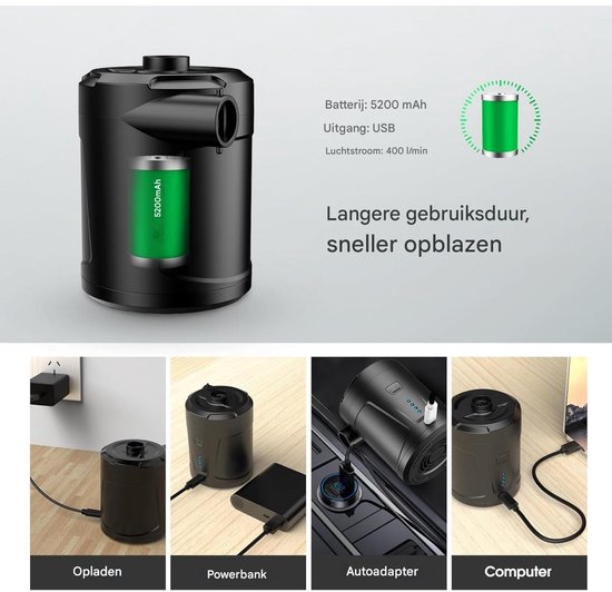 TOVBMUP Luchtpomp - Elektrische luchtpomp - 5200mAh batterij - Oplaadbaar - Met 3 mondstukken - Snel opblazen en leeglopen - Geschikt voor luchtbedden, slaapmatten en zwembaden van TOVBMUP — afbeelding 5