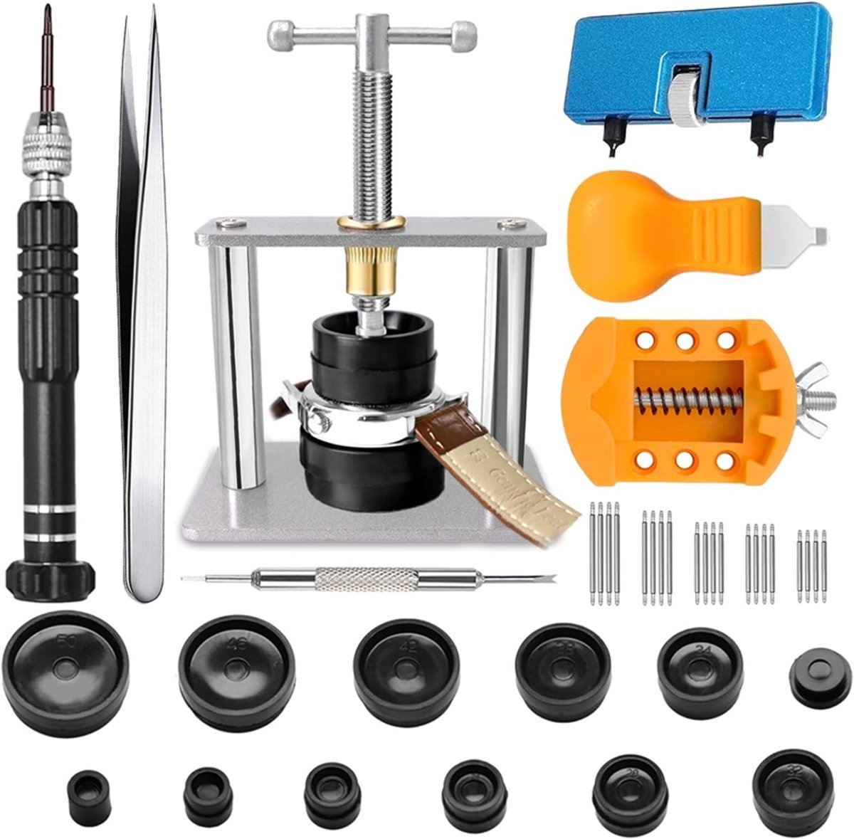 Multifunctionele horlogepersset - Horloge drukgereedschap - Horlogereparatiegereedschap - Inclusief persgereedschap, opener, pincet, 20 veerstaafjes en schroevendraaier - Perfect voor het repareren van horloges