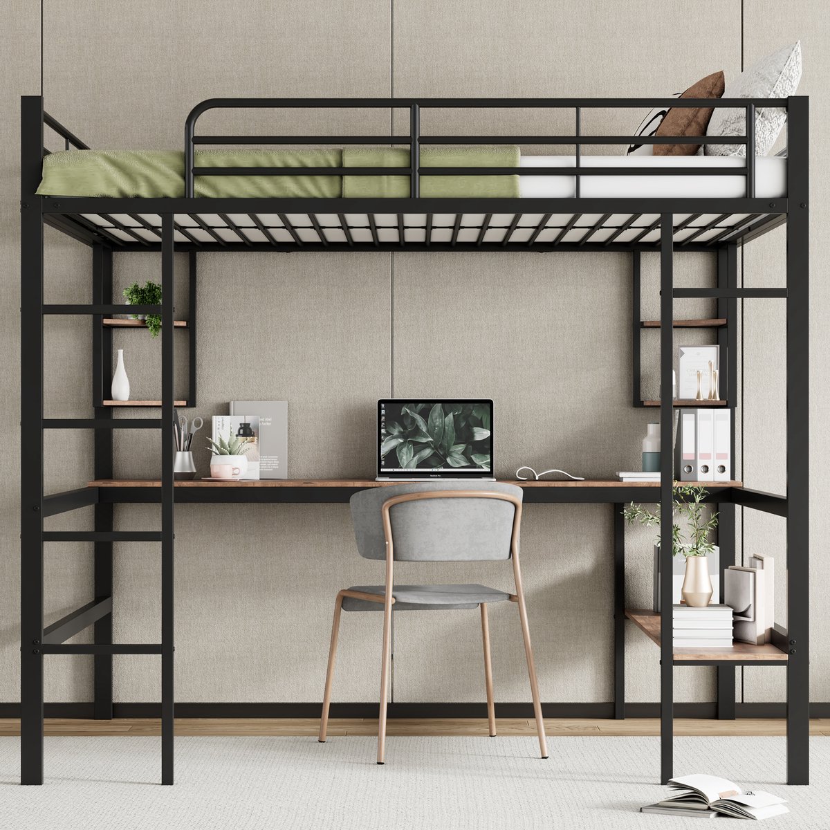Merax Hoogslaper - 140x200 cm met bureau - geen matras - met vier kleine planken en een grote boekenkast - zwart