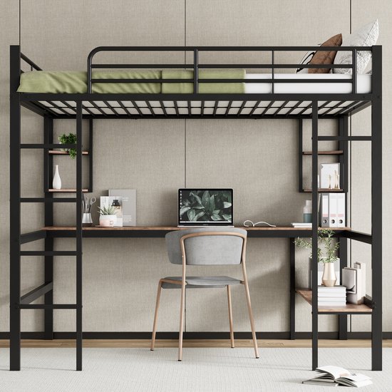 Lit mezzanine - 140x200 cm avec bureau - sans matelas - avec quatre petites étagères et une grande bibliothèque - noir