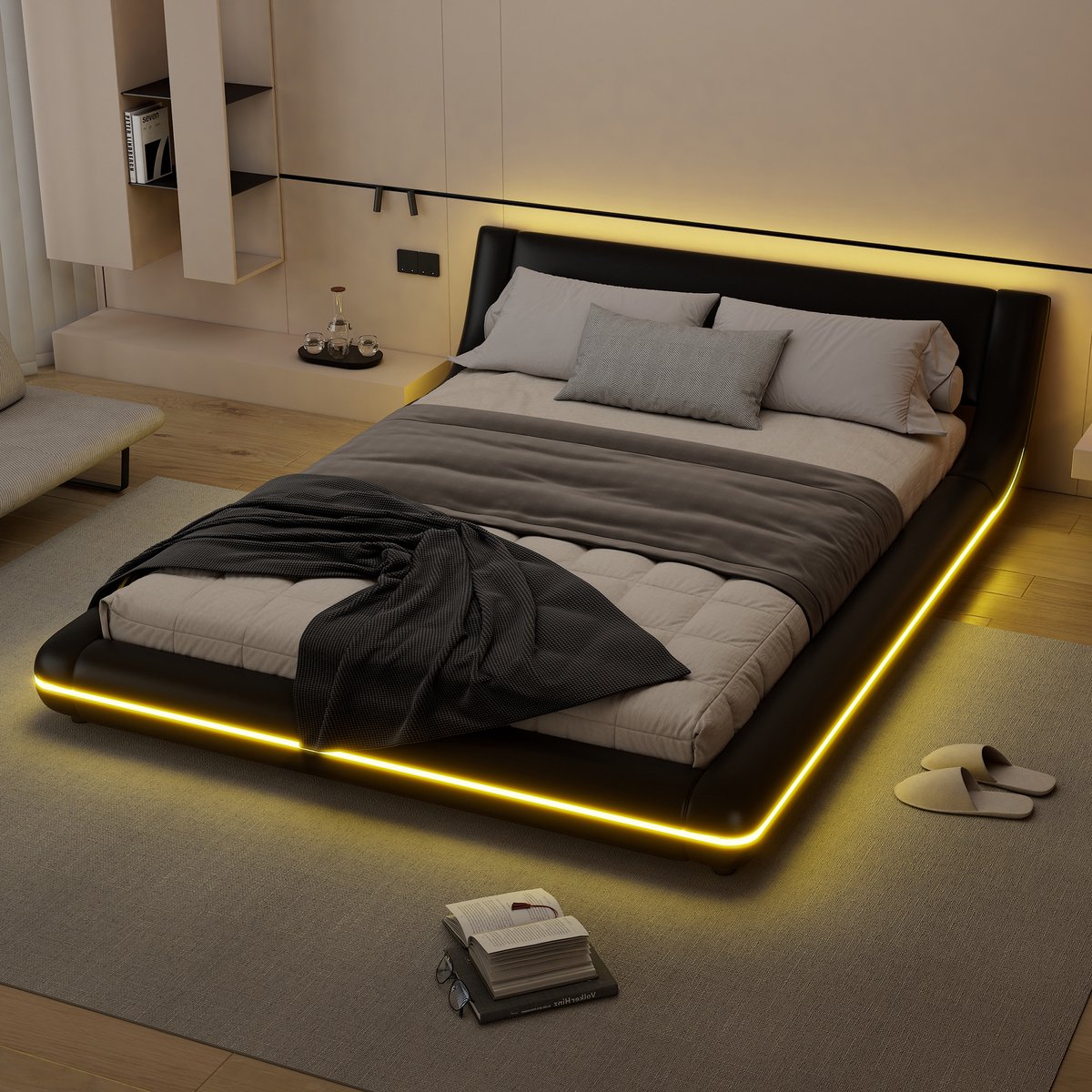 Merax Bed met vlakke vloer van 140 x 200 cm - LED-verlichting - afstandsbediening met 24 knoppen - zwart - geen matras