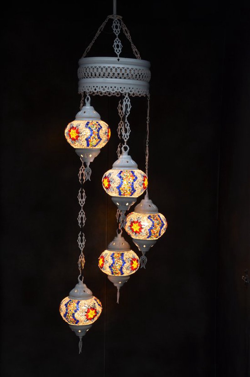 Hanglamp multicolour zilver glas mozaïek 5 bollen Turkse Oosterse Crèmewit Marokkaanse kroonluchter