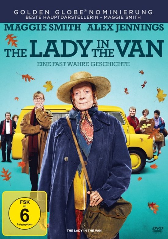 Maggie Smith draagt een blauwe jas, sjaal en hoed, met op de achtergrond een gele bus en acteurs. "The Lady in the Van" staat groot op de hoes.
