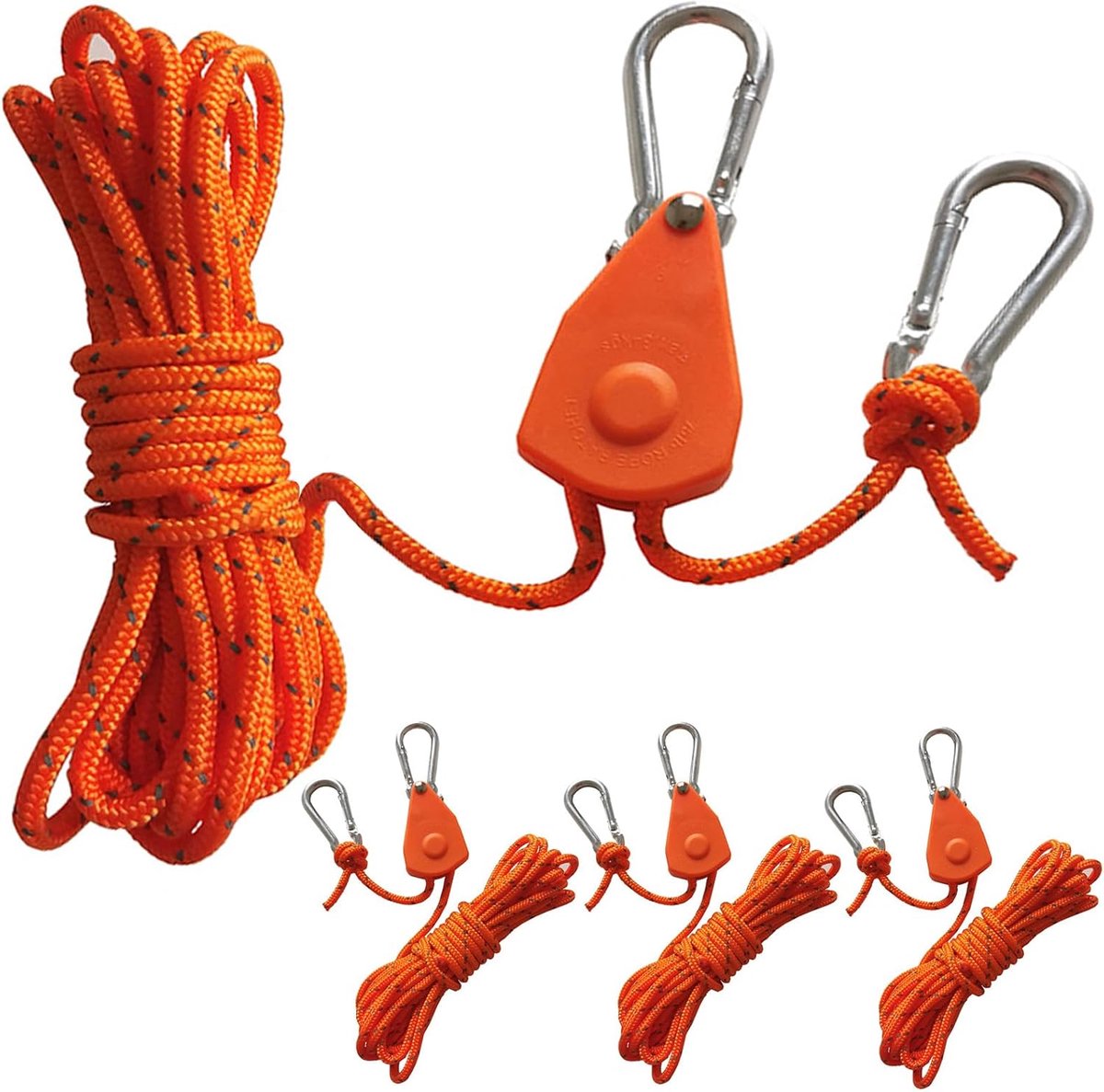 Touwratel - 4 stuks - 4 m - Ratel - Reflecterende scheerlijnen - Interne tandwielen ratel - Trekhaak met karabijnhaak - Verstelbare ratel - Touwratel hanger set - Heftoestel - 145 lbs - Oranje