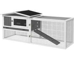 PawHut - Konijnenhok - met 2 Niveaus - 156 x 58 x 68 cm - Lichtgrijs