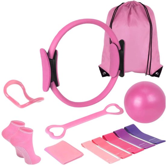 KZQ Set van 13 stuks - Pilatesset - Pilates-thuisoefenmateriaal - Pilates-accessoireset - Inclusief bal, 38 cm magische cirkel, yogaring, Pilates-basisset - Roze