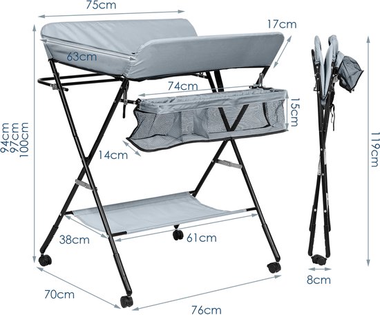 Luiertafel,Opvouwbaar luieraankleedstation met wielen,Hoogte verstelbaar,Grijs,Inklapbaar,Verzorgingstafel,Box baby,Luiertafel,Grijs