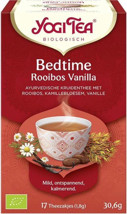 Yogi Tea Bedtime Rooibos Vanilla. Rode verpakking met een kopje thee, kamille, vanillestokjes en cacaobonen. Mild, ontspannend, kalmerend.