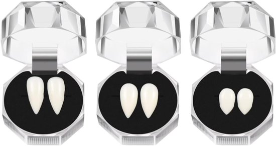 3 paar vampiertanden - Geschikt voor rollenspelrekwisieten, kostuumaccessoires en feestgunsten - Vampiertanden - Weerwolftanden - Met kunstgebitlijm - Geschikt voor Halloween, gala's, banketten - Wit - 13 mm + 15 mm + 17 mm