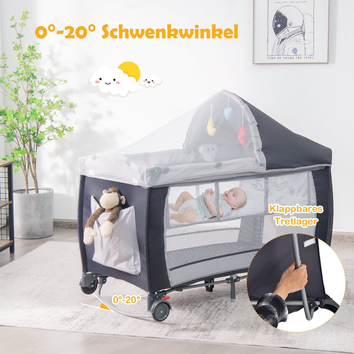 COSTWAY Campingbedje, 4 in 1 inklapbaar reisbed met commode, mobiel ledikanten baby met matras, speelboog, muziekdoos, klamboe, luier mandje en draagtas 60 x 120 (grijs) – foto 4