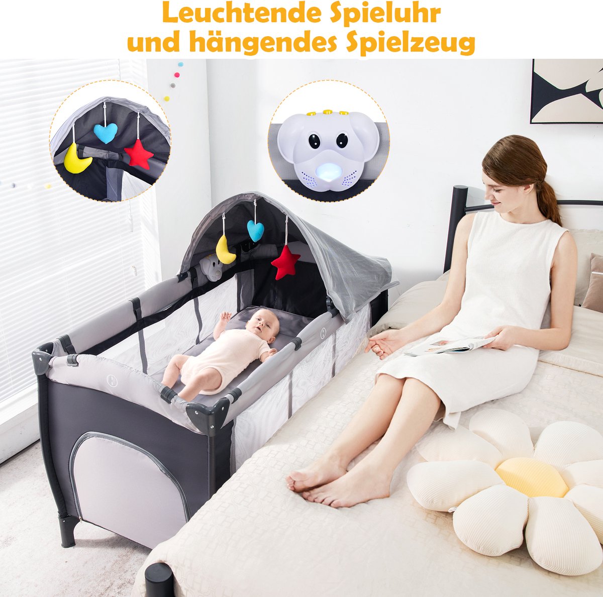 COSTWAY Campingbedje, 4 in 1 inklapbaar reisbed met commode, mobiel ledikanten baby met matras, speelboog, muziekdoos, klamboe, luier mandje en draagtas 60 x 120 (grijs) – foto 5