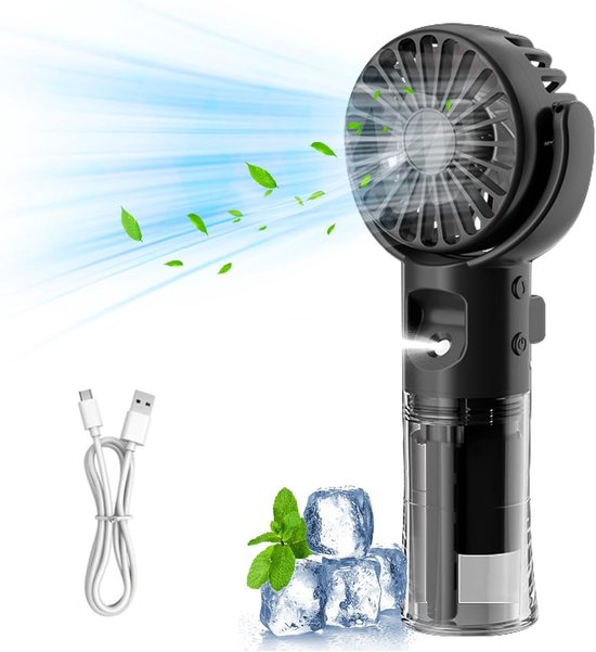 Handventilator met waternevel 2-in-1, draagbare stille USB ventilator, 4 snelheden, mini luchtbevochtiger zwart