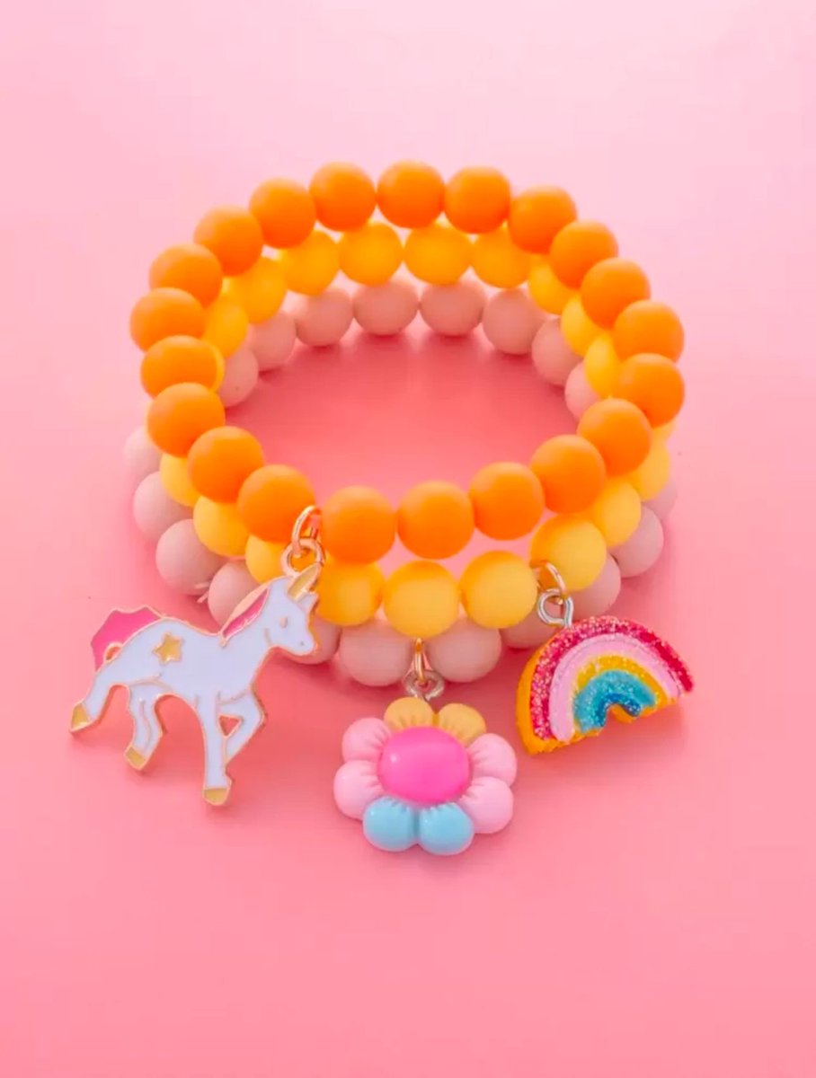 3-delige Kinderarmbandenset – Eenhoorn, Zonnebloem & Regenboog Bedels
