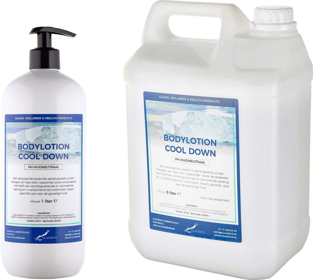 Bodylotion Cool Down 1 liter met gratis pomp - hervulbaar + Jerrycan 5 Liter navulling