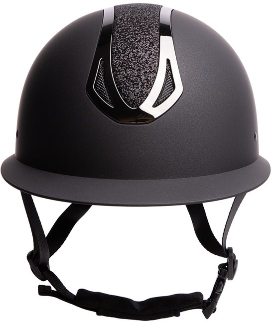 Zwarte rijhelm met matte afwerking, glinsterende glitterstrip en chromen rand.