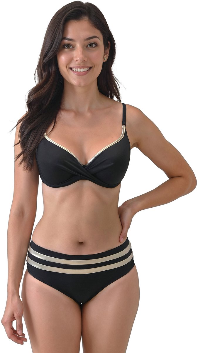 Vivisence Push Up Bikini Dames 95D - Bikinitop met beugel verstelbare bandjes - Badmode strandkleding - Zwart-Goud