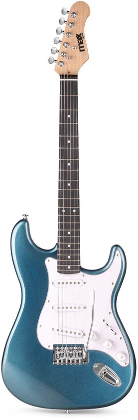 Elektrische gitaar in petrolkleur met witte slagplaat, geïsoleerd op een witte achtergrond.