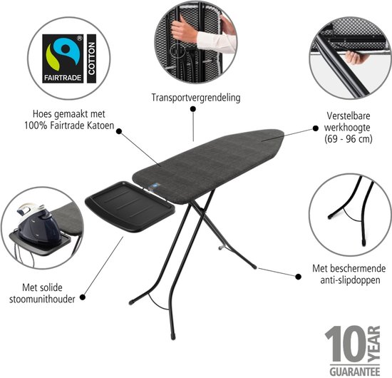 Brabantia Planche à repasser C - avec repose-fer pour générateur à vapeur solide - 124x45 cm - Denim Black