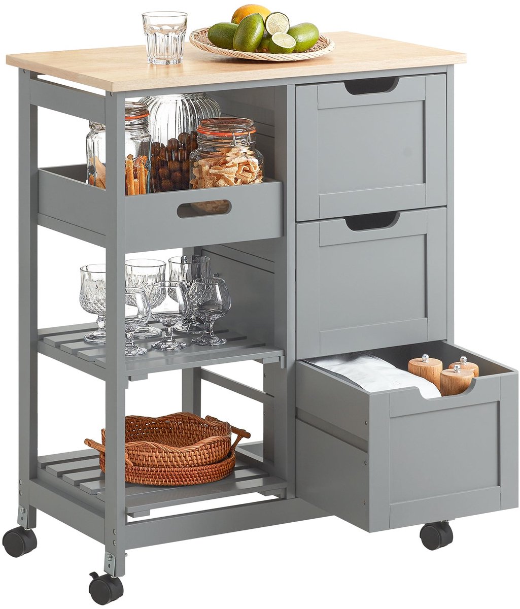 SoBuy Keukentrolley Serveerwagen – Keukenwagen met 3 Grote Laden en Planken – Opbergkast op Wieltjes – Grijs, 67x37x84,5cm, FKW79-HG