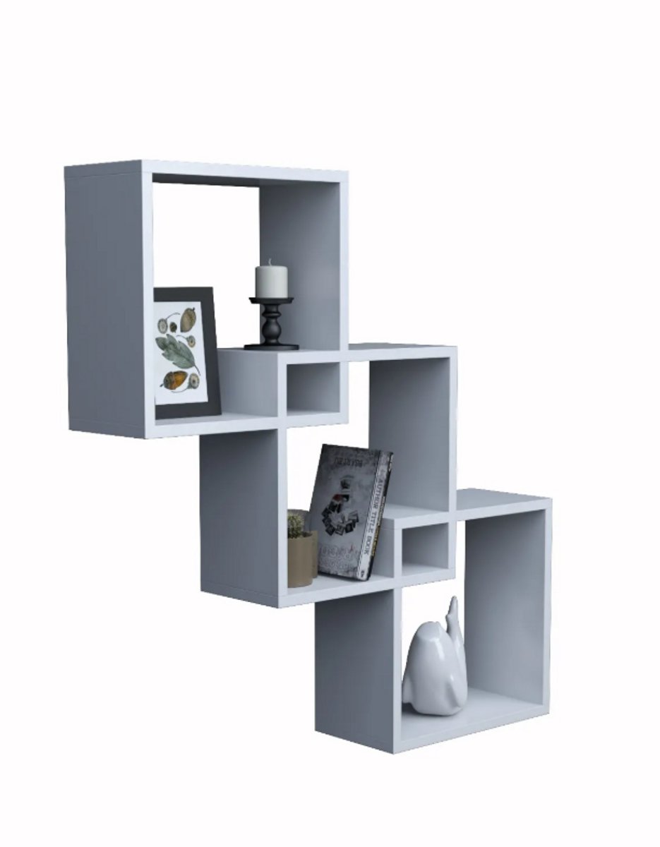 Moka Park - Houten Boekenplank - Wandkast - Wandvitrine - Boekenkast - Vakkenkast - Boekenrek - 3 Vakken Wandkast - Wit