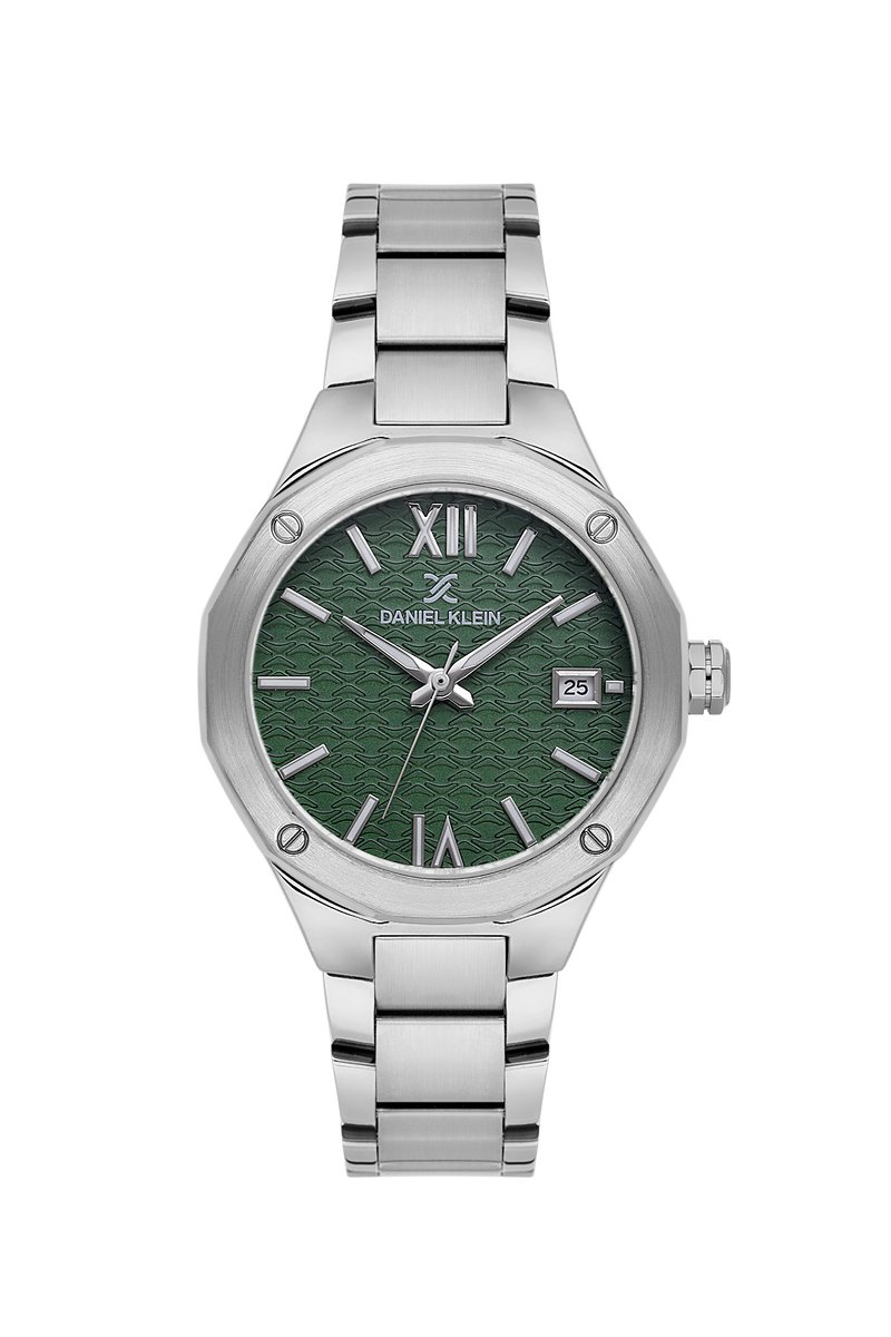 Daniel Klein DK.1.13938-3 - Horloge - Polshorloge - Analoog - Dames - Vrouwen - stalen band - Dodecagon - Metaal - Datumaanduiding - Streepjes - Romeinse Cijfers - Zilverkleurig - Groen
