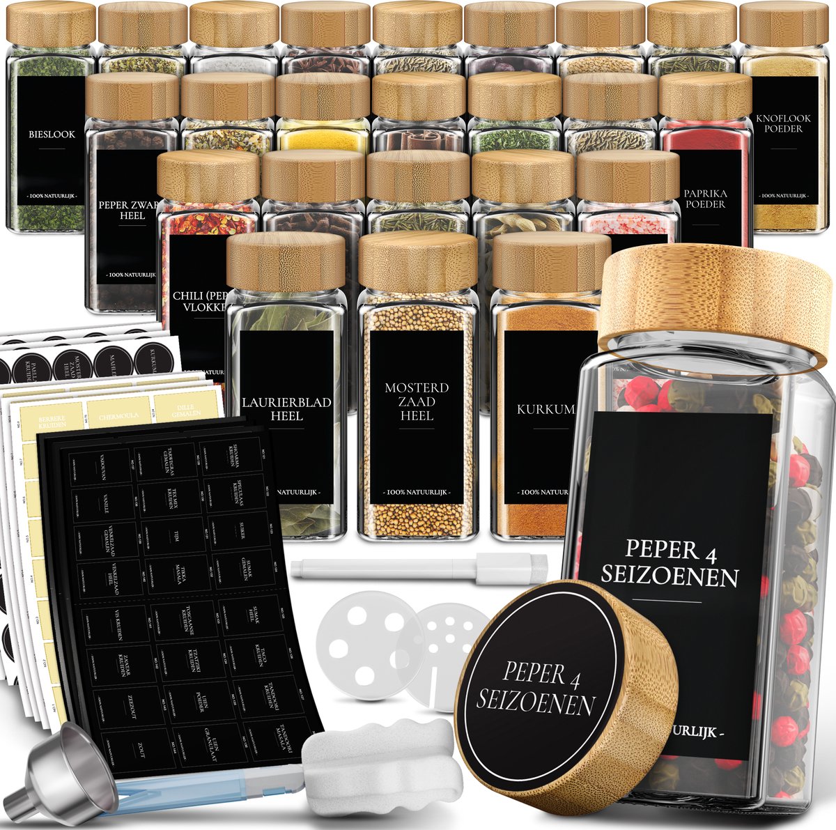 Soothe 24 Glazen Kruidenpotjes Vierkant met Bamboe Deksel – 2 Soorten Strooideksels – Kruidenstrooier – Spice Jars – Complete Set incl Kruiden Stickers, Krijtstift en Accessoires – 120ml