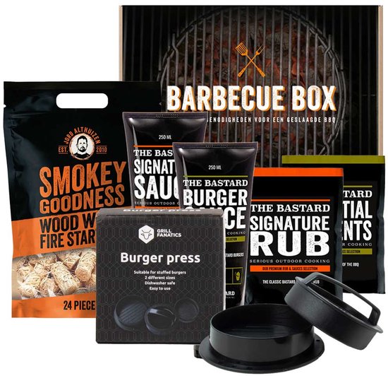 Barbecue Box met The Bastard items | Barbecue cadeaupakket | BBQ Cadeaubox | Zomerpakket | Zomer cadeau | Zomer cadeau man | BBQ accessoires cadeau | BBQ spullen cadeau | Vaderdag cadeau | The Bastard cadeau