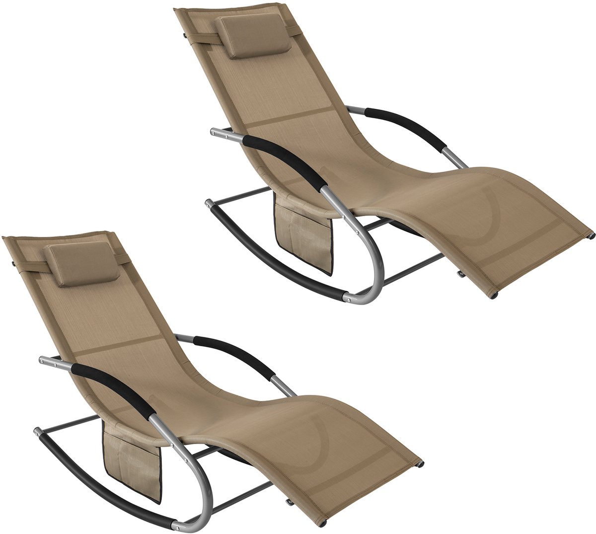 SoBuy Set van 2 Ligstoelen, Tuinstoelen, Schommelstoel met Verstelbare Hoofdsteun, Opbergzak - Voor Tuin, Balkon, Strand, Buiten, Bruin, OGS28-BRx2