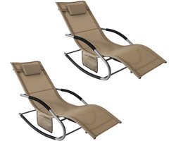 SoBuy Set van 2 Ligstoelen, Tuinstoelen, Schommelstoel met Verstelbare Hoofdsteun, Opbergzak – Voor Tuin, Balkon, Strand, Buiten, Bruin, OGS28-BRx2