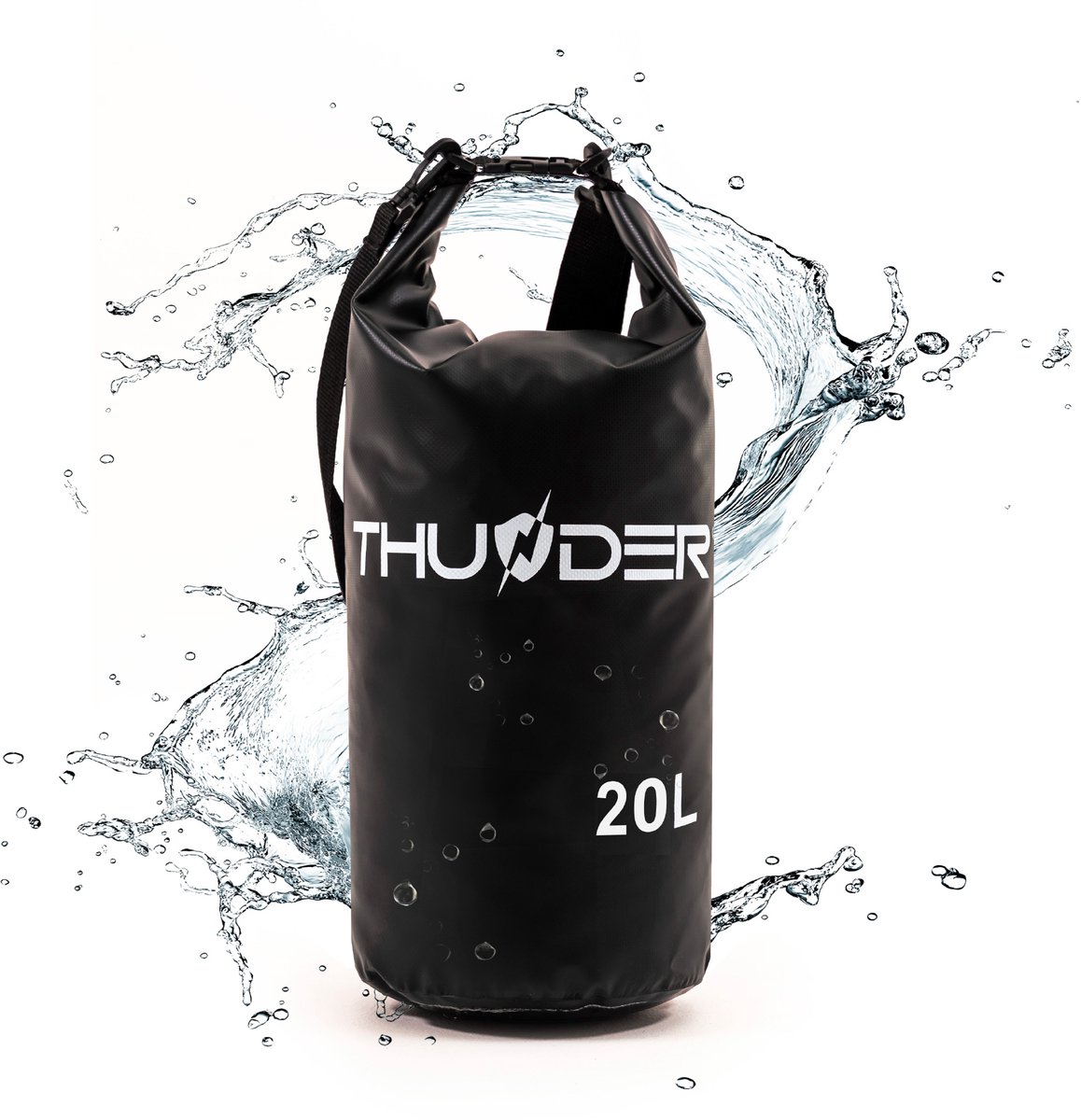 THUNDER® Waterdichte Zak 20L | Roll-Top Drybag voor Kajak | SUP | Camping en Watersport | Zwart