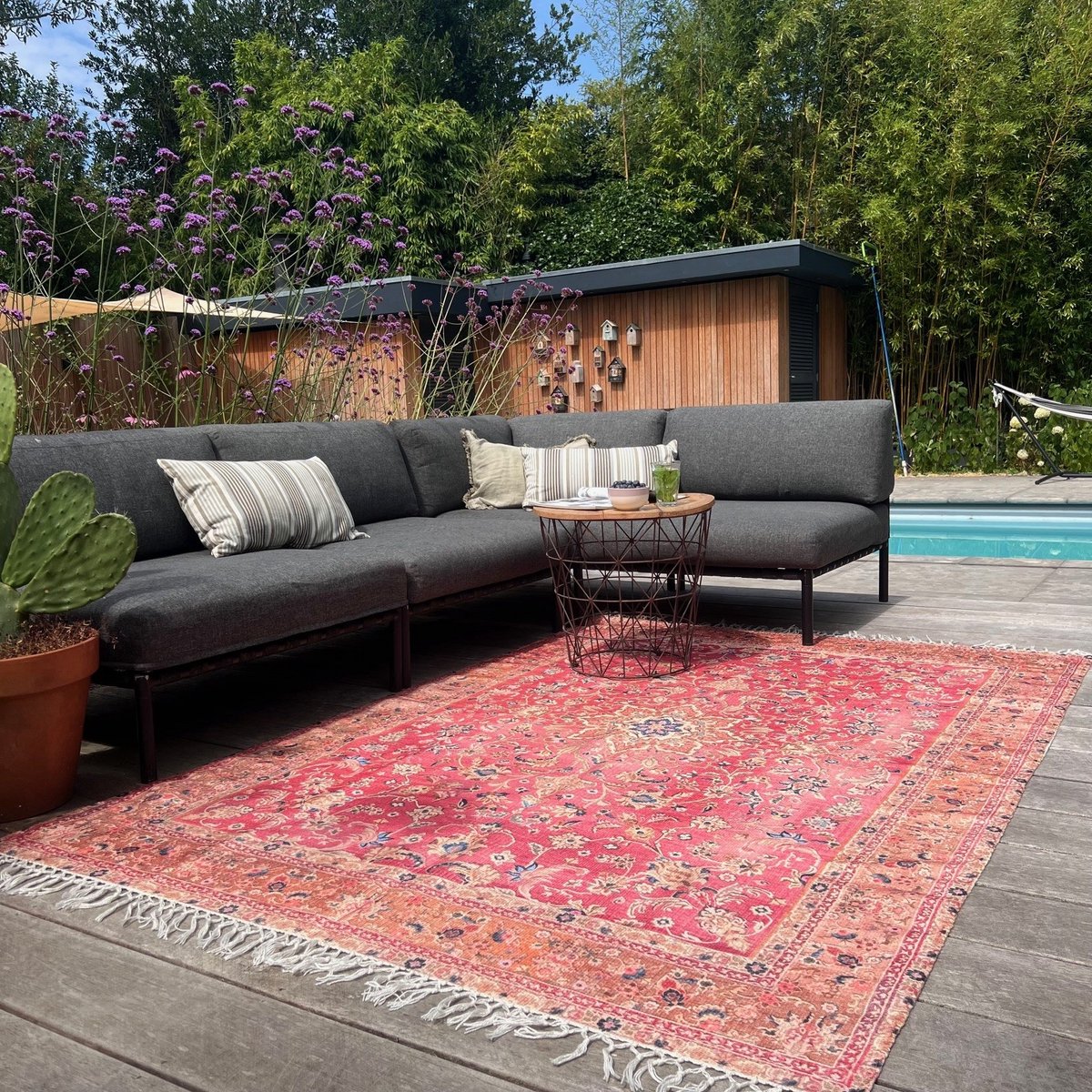 Buiten-binnen kleed, Buitentapijt | vintage patroon | roze, rood | 180cm x 120cm