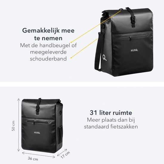HÜSQ Fietstas - enkele Fietszak van 31 Liter - Sterk en Waterdicht - Laptop Bescherming - Afneembaar - Schouderband - Zwart van HÜSQ — afbeelding 3