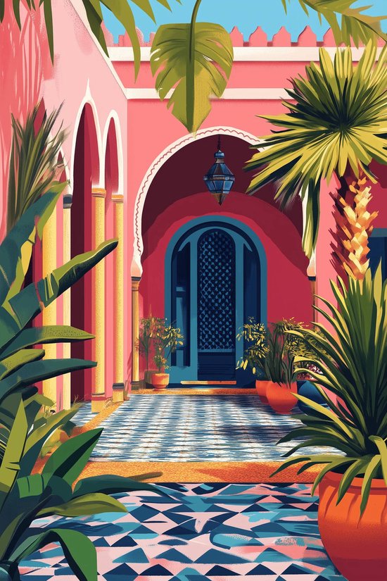Affiche de Marrakesh | Affiche de la maison | Maroc Affiche | Affiche artistique | Affiche colorée | Plantes Affiche | Affiche Architecture | Affiche du Maroc | 60x90cm | Décoration murale | Affiche murale | 5461WV | Convient pour l'encadrement