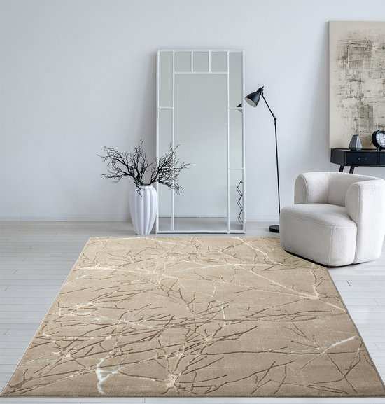 le tapis Tapis Mila tapis de salon moderne, élégant tapis de salon brillant à poils ras en beige avec motif éclair doré, tapis 80 x 300 cm