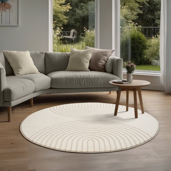 the carpet Elisa – zacht hoogpolig woonkamer vloerkleed, modern design tapijt met geometrisch patroon, crème, 120 cm rond