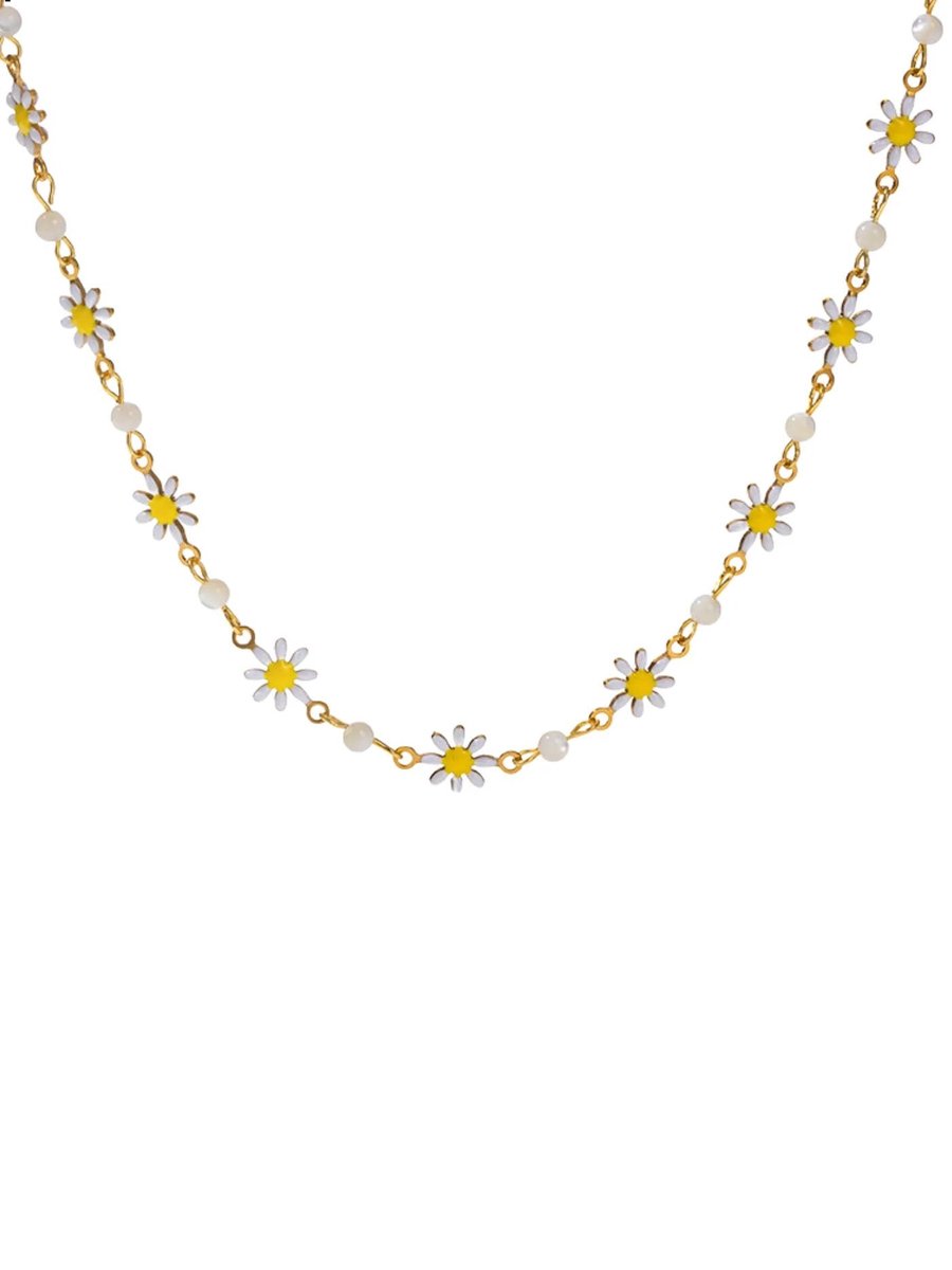 Cliste Couture - White Daisy Necklace - Sieraden - Vrouwen Ketting - Goudkleurig - Ketting Dames - vadeau voor vrouwen