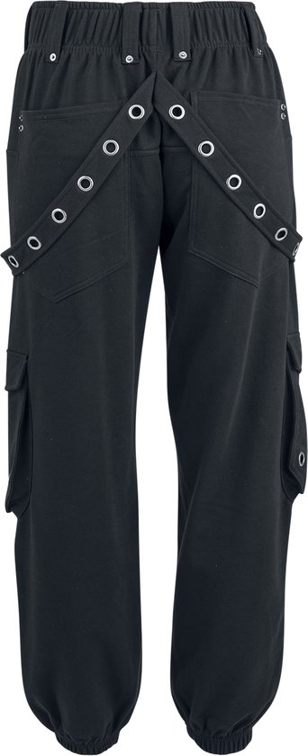 Achterkant van zwarte cargo broek met ritsen, oogjes en banden over de rug, met elastische manchetten.