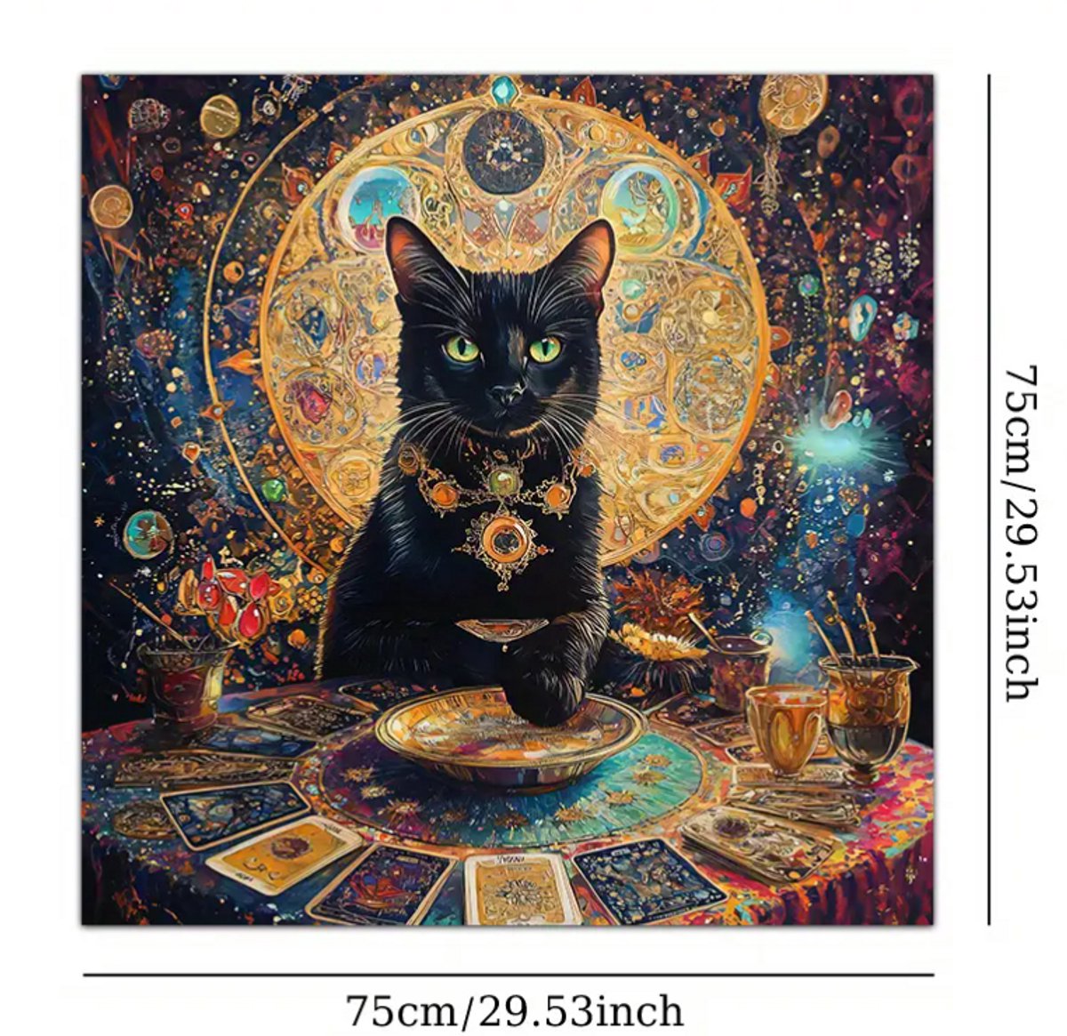 Tarotkleed Zwarte Kat - Waarzeggerij - Pendelkleed - Altaardoek - Esoterie - Astrologie - Tafelkleed - Pendelmat 75 x 75 cm.