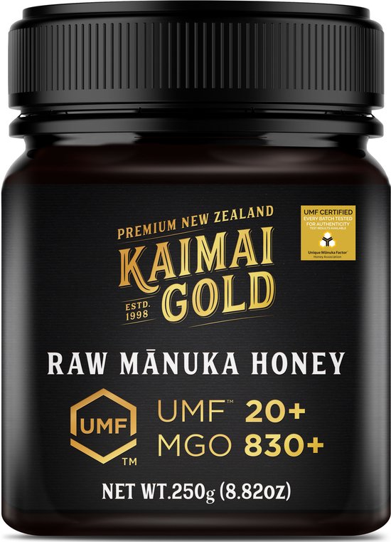 Zwarte pot Kaimai Gold Rauwe Manuka Honing, UMF 20+ MGO 830+. Tekst op etiket in goudkleur.