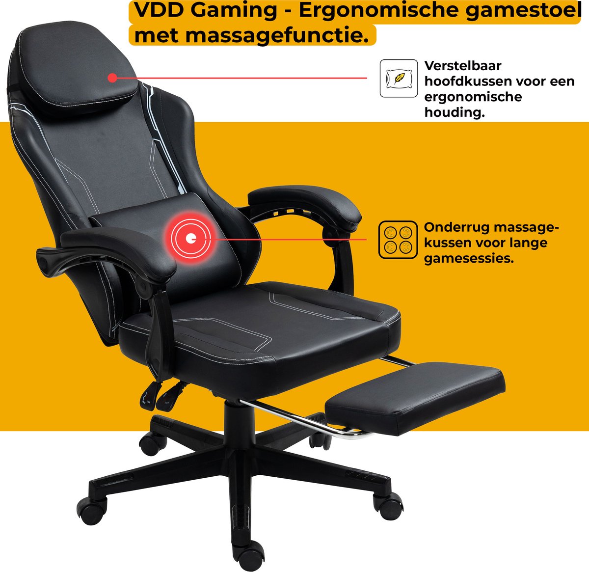 Afbeelding 2 van VDD Gaming - Gamestoel met massagefunctie en voetsteun - Gaming chair in de kleur Zwart - Game stoel met nekkussen & verstelbaar rugkussen - Ergonomische bureaustoel met padded armsteunen - Max draagvermogen 150 kg - Verstelbare ruggensteun