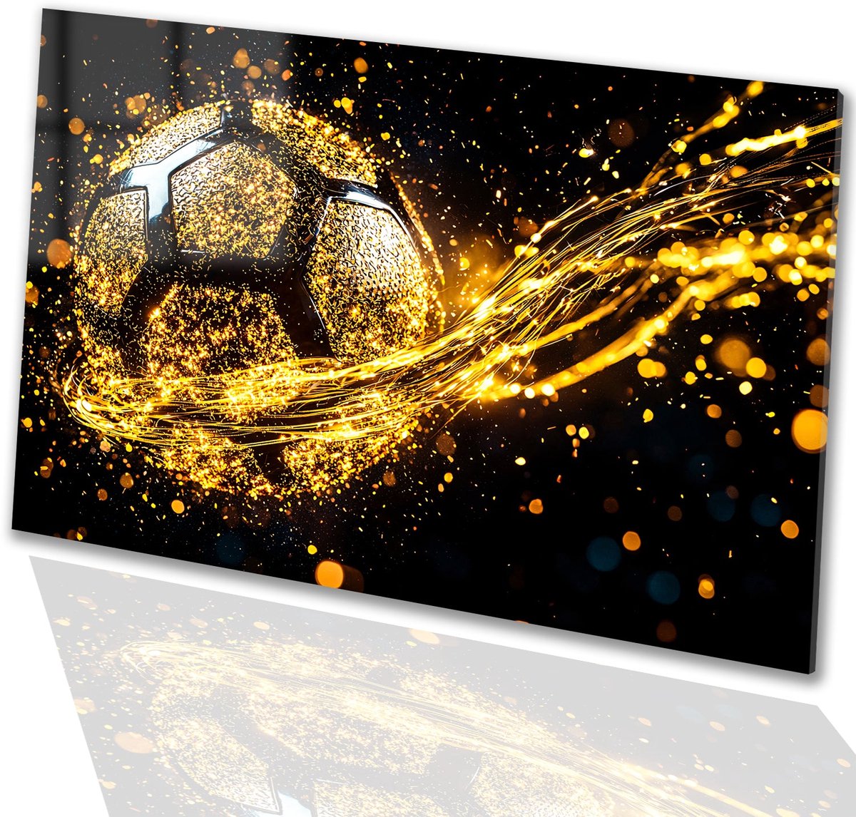 Gouden Voetbal in Beweging - Bal glasschilderij - Muurkunst voetbal - Futuristisch - Schilderij op acrylglas - Muurdecoratie modern - acrylglas 75x50 cm