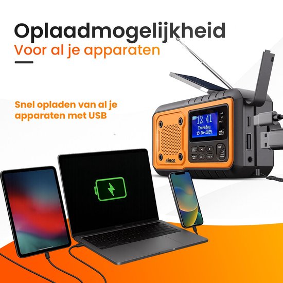 Nince Noodradio DAB+ Solar Opwindbaar - Draagbare Radio met Bluetooth - Powerbank & Zaklamp - Noodradio Op Batterijen en USB-C - Voor Noodsituaties & Kamperen