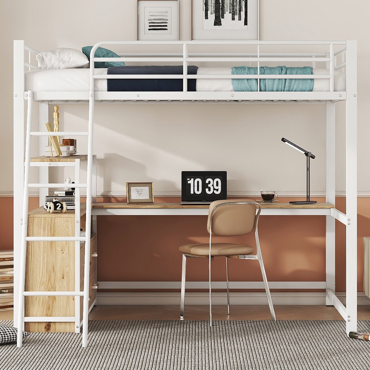 Merax Hoogslaper - 140x200cm - praktische lades - stijlvol L-vormig bureau - laminaat design - zonder matras - wit