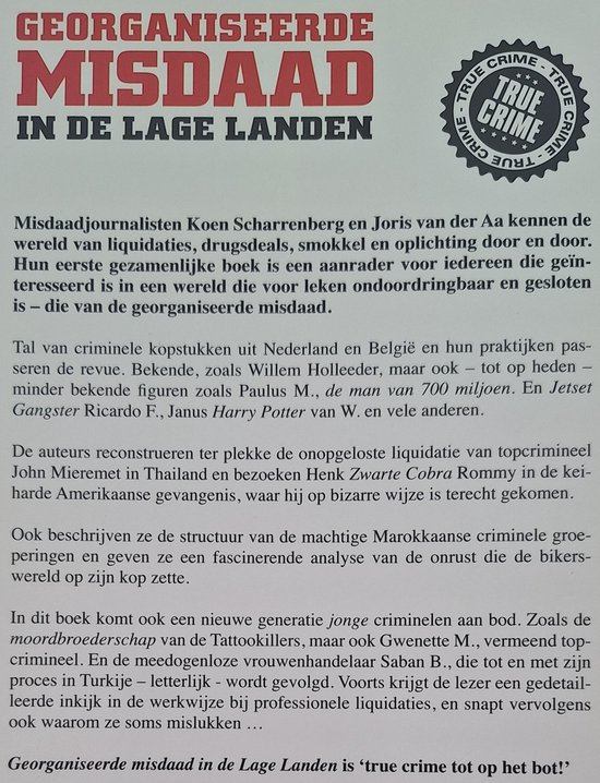 Achterflap boek 'Georganiseerde Misdaad in de Lage Landen' met tekst en logo Just Publishers.