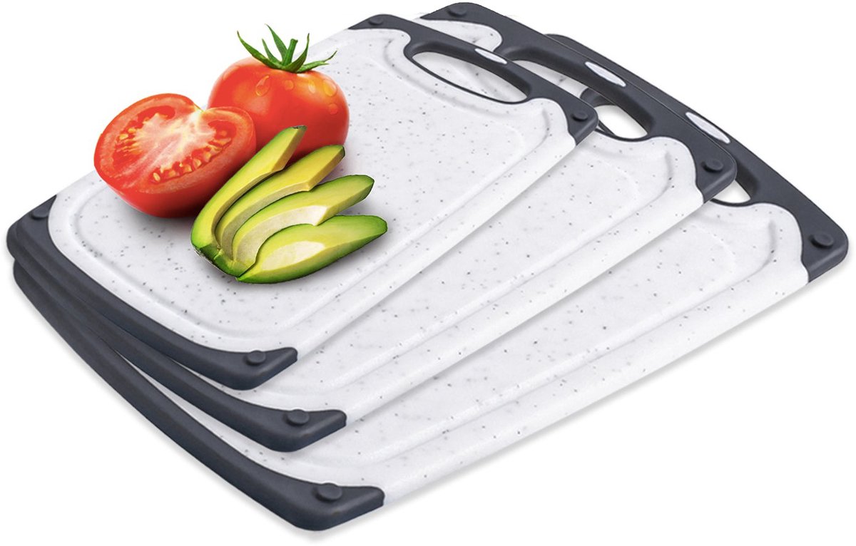 Exitoso Snijplank met Sapgroef - Vaatwasmachinebestendige antislip Ontbijtplank - Serveerplank Set van 3 rechthoekige Plastic Snijplanken voor de Keuken