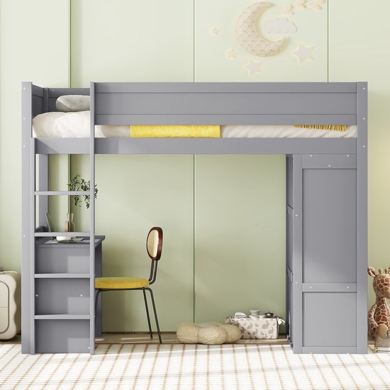 Lit mezzanine 90x200 cm - lit bébé multifonctionnel avec armoire, bureau et tiroirs - gris