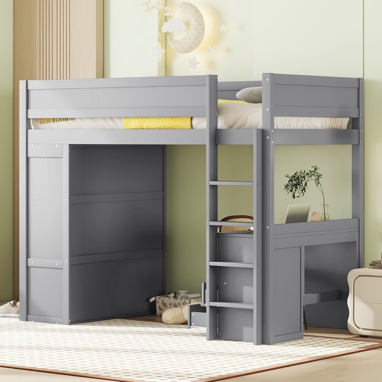 Lit mezzanine 90x200 cm - lit bébé multifonctionnel avec armoire, bureau et tiroirs - gris