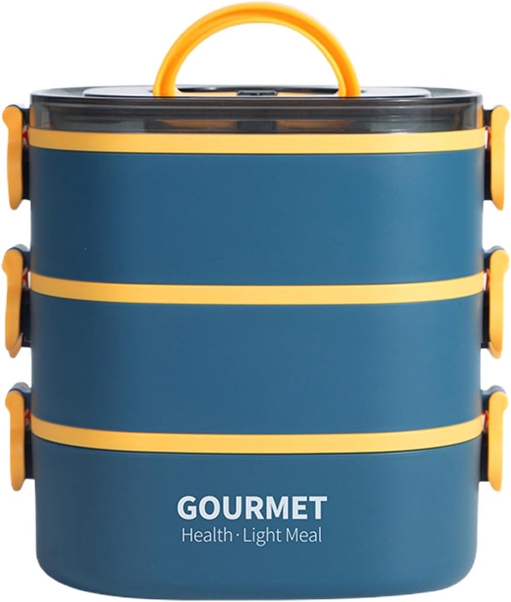 Duurzame PP Lunchbox - 1400 ml/2000 ml - Lekvrij - Bento - met Lepel - Stapelbaar - Herbruikbaar - Veilig voor Kinderen - Volwassenen - Magnetron, Vaatwasser, Vriezer - Blauw - Drielaags